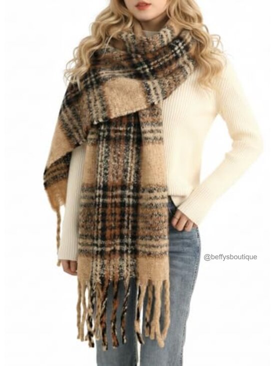 Oversized Plaid Blanket Scarf Chunky Knit Shawl Tassel Winter Wrap main image 0